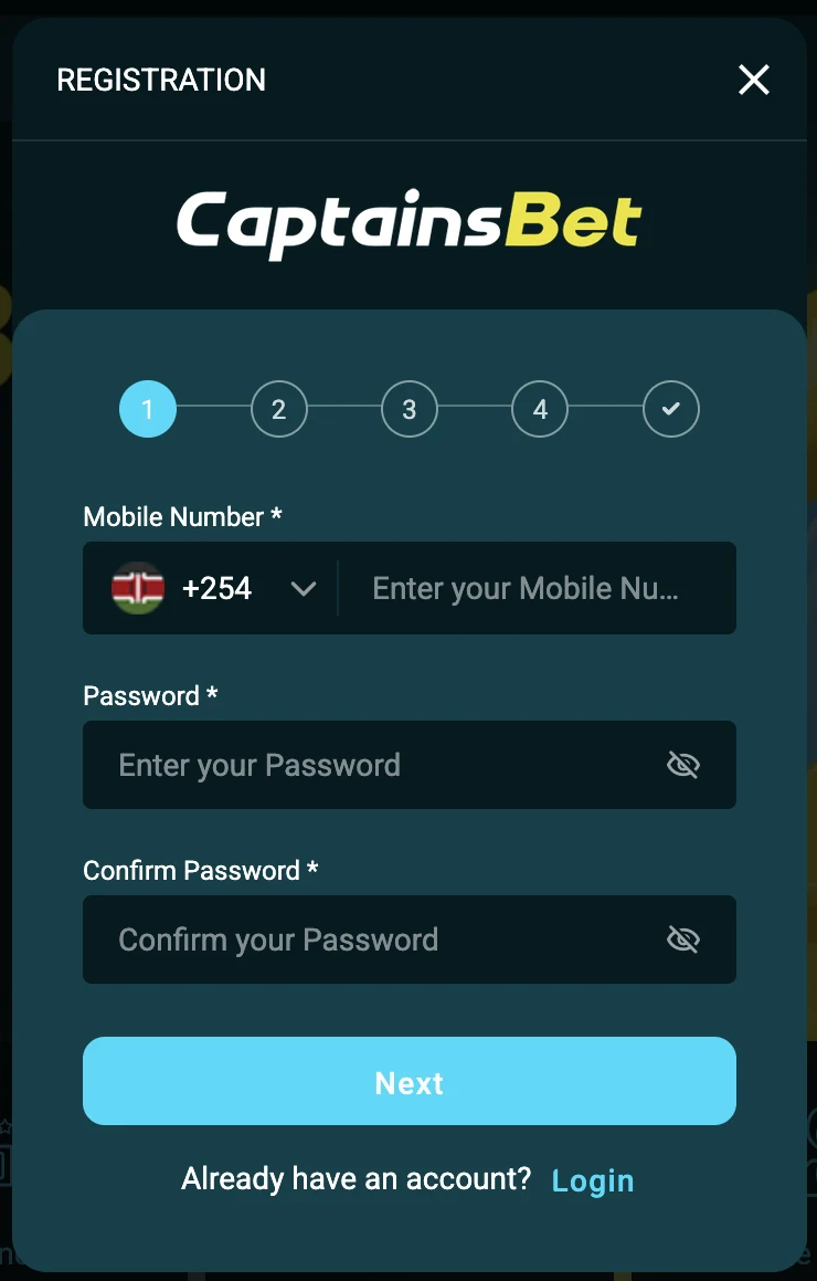 CaptainsBet Kenya registration step one with Kenyan mobile number and password fields