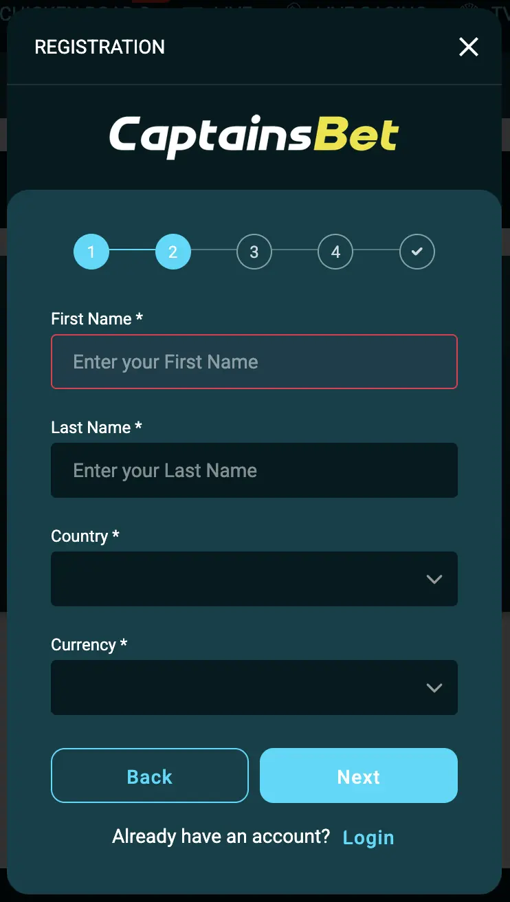 CaptainsBet registration step two with personal details country and currency fields