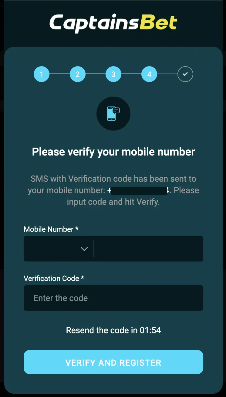 CaptainsBet SMS verification code screen during registration