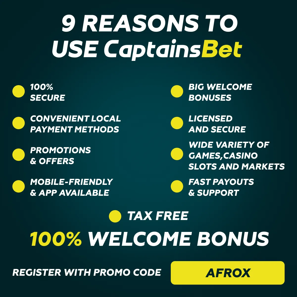 CaptainsBet promotional banner listing nine platform features