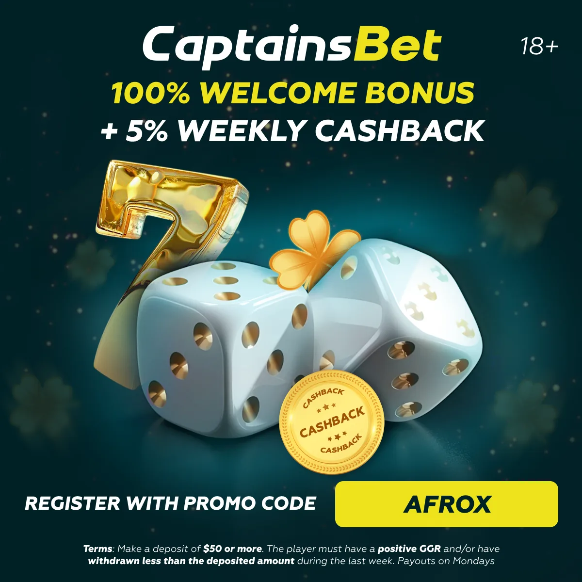 CaptainsBet promotional banner for welcome bonus and weekly cashback with promo code AFROX